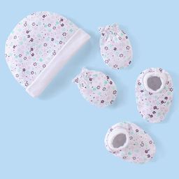 Babyhug 100% Cotton Knit Cap Mittens & Booties Floral Print - White-image-90