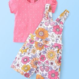 Babyhug Single Jersey Cotton Knit Dungaree & Half Sleeves Inner Tee Set Floral Print - Multicolour-image-10
