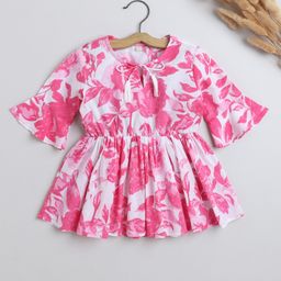 The Magic Wand Three Fourth Bell Sleeves Leaves Printed With Tassels Detailed Top - Pink-image-63