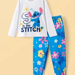 HoneyHap Disney Cotton Knit Full Sleeves Night Suit with Lilo & Stitch Graphics - White & Blue-picture-23