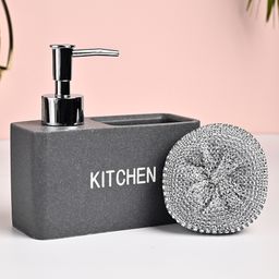 VONCASA Grey Polyresin Soap Dispenser With Scourer For Utility And Bathroom Décor | 130 ml-picture-16