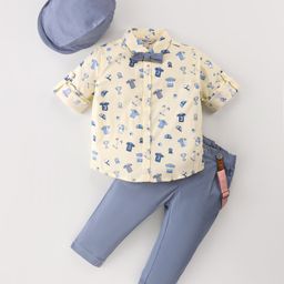 ToffyHouse 100% Cotton Woven Full Sleeves Digital Printed Shirt & Trouser Set with Bow Hat & Suspender - Greyish Blue & Cream-image-44