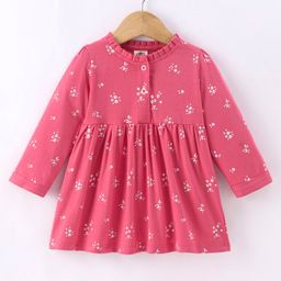 Zero Sinker Knit Full Sleeves Floral Printed Frock with Frill Detailing - Pink-picture-31
