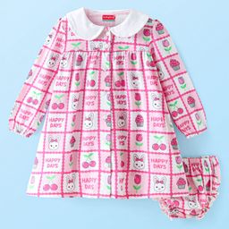 Babyhug Cotton Knit Full Sleeves Peter Pan Collared Frock With Bloomer Kitten & Floral Print - Pink-image-48