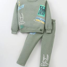 Olio Kids Fleece Knit Full Sleeves Winter Wear Suit with Text Print - Olive-image-99
