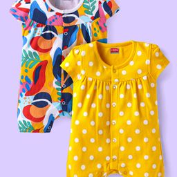 Babyhug Interlock Knit Half Sleeves Rompers With Polka Dot Print Pack of 2 - Yellow & White-image-33