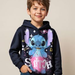 Pine Kids Disney Terry Knit Full Sleeves Oversized Hooded Sweatshirt with Front & Back Stitch Graphics- Black-image-73