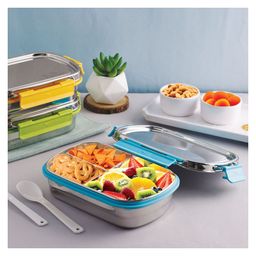 PddFalcon Munch Trio Stainless Steel Lunch Box with 3 Partition , Food Grade BPA Free, Containers with Air Tight and Leak Proof Lids, Clip Lock, Compact Sleek Tiffin Box - 750ml Sky Blue-17