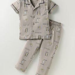Doreme Single Jersey Knit Half Sleeves Night Suit With Text Print - Tan-picture-2