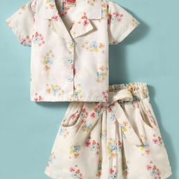 Tweetoons Woven Half Sleeves Front Open Top & Skirt Co-Ord Set With Floral Print - Peach-image-83