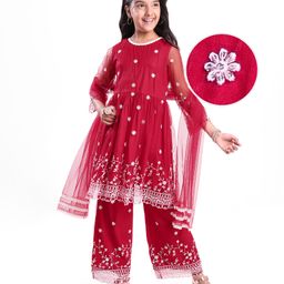 Pine Kids Woven Three Fourth Sleeves Sequinned Floral Embroidered Kurta Churidar Set with Dupatta -Dark Red-image-22