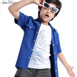 Arias Cotton Knit Half Sleeves Solid Color Shirt with T-Shirt - Blue-image-45