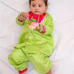 BownBee Tafetta Full Sleeves Polka Dots Foil Printed & Lace Embellished Kurta Harem Set - Green-picture-45