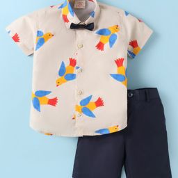 Rikidoos Half Sleeves Bird Printed Shirt With Solid Shorts & Bow Set - Beige & Navy Blue-image-91