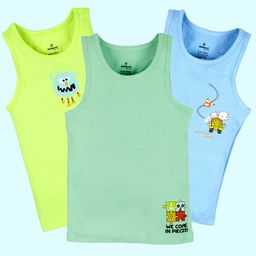 Kiddopanti Cotton Pack Of 3 Sleeveless Animals & Baby Monster Printed Vests - Neon Green Light Green & Blue-picture-29