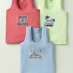 CUCUMBER Sinker Knit Sleeveless Beach Theme Printed Vests Pack Of 3 - Light Blue Green & Red-picture-14