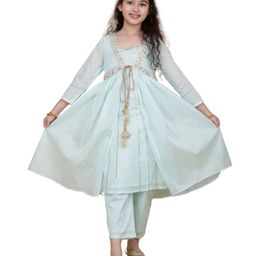 Cutiediva Cotton Lace Embellished Kurta & Pant With Three Fourth Sleeves Shrug Set - Aqua Blue-image-1