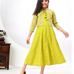 FlyFinns Rayon Floral Printed Anarkali Kurta With Three Fourth Sleeves Jacket - Lemon Yellow-image-5