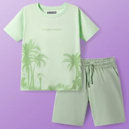 Pine Kids Single Jersey Knit Half Sleeves Shorts Night Suit With Tropical Theme Print - Green-image-5