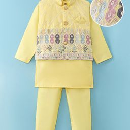 Ridokidz Full Sleeves Solid Kurta & Pyjama With Floral Embroidered Jacket Set - Yellow-image-32