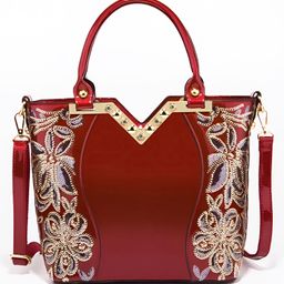 SYGA Women Chic Armpit Bag Vertical Square Street Fashion Handbag with Embossed Floral Design & Pearl Accent(Burgundy)-picture-22