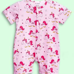 Be Awara Cotton Knit Half Sleeves Unicorns Printed Romper - Pink-image-26