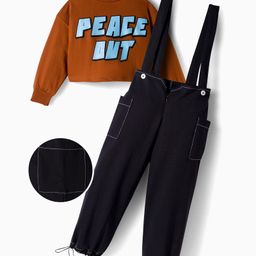 OLLINGTON ST. Twill Lycra Knit Trouser Dungaree & Full Sleeves Inner Top with Peace Out Text Print - Brown & Black-picture-2