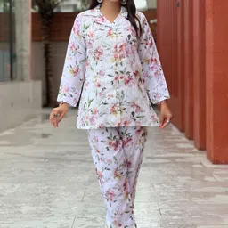 GRISHU COLLECTION Floral Printed V-Neck Pure Cotton Shirt With Trousers-picture-16