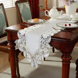 TANLOOMS White Embroidered Velvet Table Runner-42
