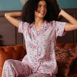 Clovia Pink Satin Floral Print Button-Down Shirt and Pyjama-picture-32