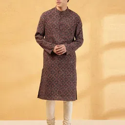 Fabindia Ethnic Motifs Ajrakh Printed Band Collar Cotton Straight Kurta-picture-33