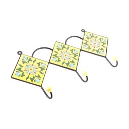 IndianShelf Yellow & Green Ceramic Leaf Floral Tile Key Holder Kitchen Hanger-10