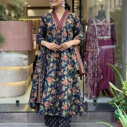 KALINI Floral Printed V-Neck Pleated A-Line Kurta With Trouser And Dupatta-picture-6