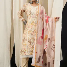 Anouk Floral Embroidered Thread Work Pure Cotton Straight Kurta With Trousers & Dupatta-image-65