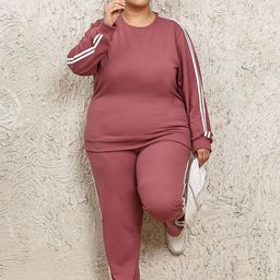 UnaOne Plus Size Side Striped Pure Cotton Relaxed-Fit T-Shirt & Trousers Co-Ord Set-image-45