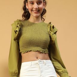 Oxolloxo Women Smocked Round Neck Ruffle Crop Blouson Top-picture-34