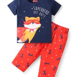 Babyhug Half Sleeves Night Suit Kitty Print - Navy Blue Red-image-67