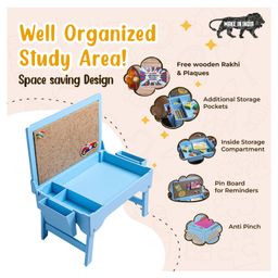 Kidoz Racer Car Blue Wooden Foldable Study Table With Storage and Pinboard - Blue-12