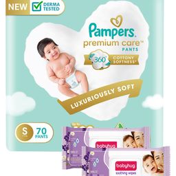 Pampers Premium Care Pants, Small size baby diapers (SM), 70 Count, Softest ever Pampers pants & Babyhug Soothing Lavender & Chamomile Wipes - 72 Pieces - (Pack of 2)-image-45