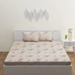 HAPPY HUES Beige & Cream-Coloured Floral 180 TC King Bedsheet with 2 Pillow Covers-23