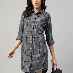 English Navy Women Plaided Checked Pure Cotton Formal Shirt Dress-image-86