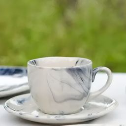 AMALAFIEE CERAMICS White & Blue 2 Pieces Ceramic Glossy Tea Cups & Saucers-52