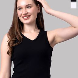 Friskers Women Pack Of 2 Solid V-Neck Cotton Tops-image-27