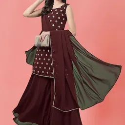 PARROT CREATION Geometric Embroidered Sequinned Georgette Kurti with Sharara And Dupatta-image-16