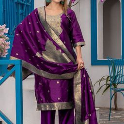 KALINI Paisley Woven Design Round Neck Straight Kurta with Trousers & Dupatta-34