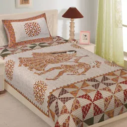 LIVING ROOTS Yellow Ethnic Motifs Printed Cotton 144 TC Single Bedsheet With Pillow Cover-picture-16