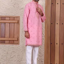 MANQ Men Ethnic Motifs Embroidered Sequinned Chanderi Silk Kurta with Trousers-picture-13