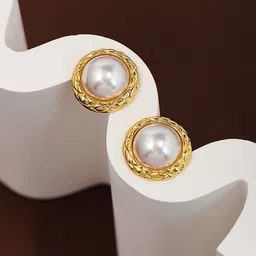 VAGHBHATT Gold-Plated Pearls Beaded Textured Rim Circular Studs image 3
