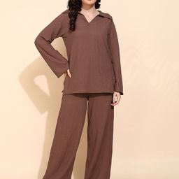 Fashfun Shirt Collar Neck Texture Top With Trousers-image-45