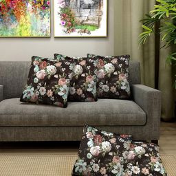 Blue Grass Coffee Brown & Off White 5 Pieces Floral Printed Satin Square Cushion Covers-image-14